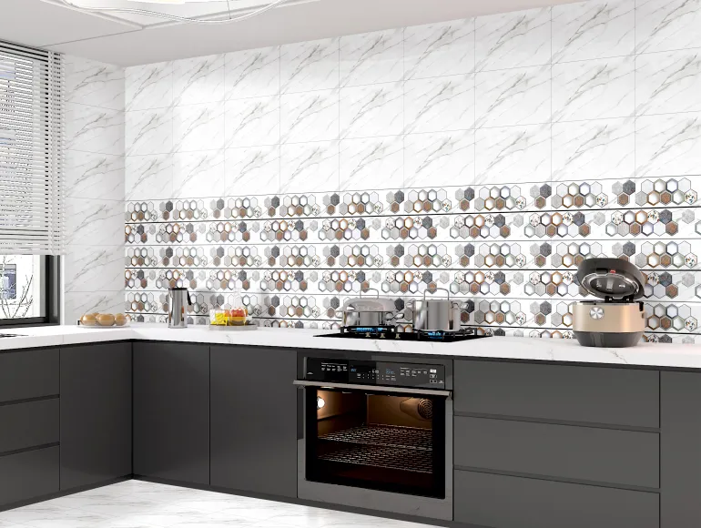 Stylish white kitchen design featuring hexagon design marble tiles